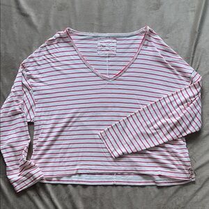 aerie White V-Neck Long Sleeve Tee with Red Stripes